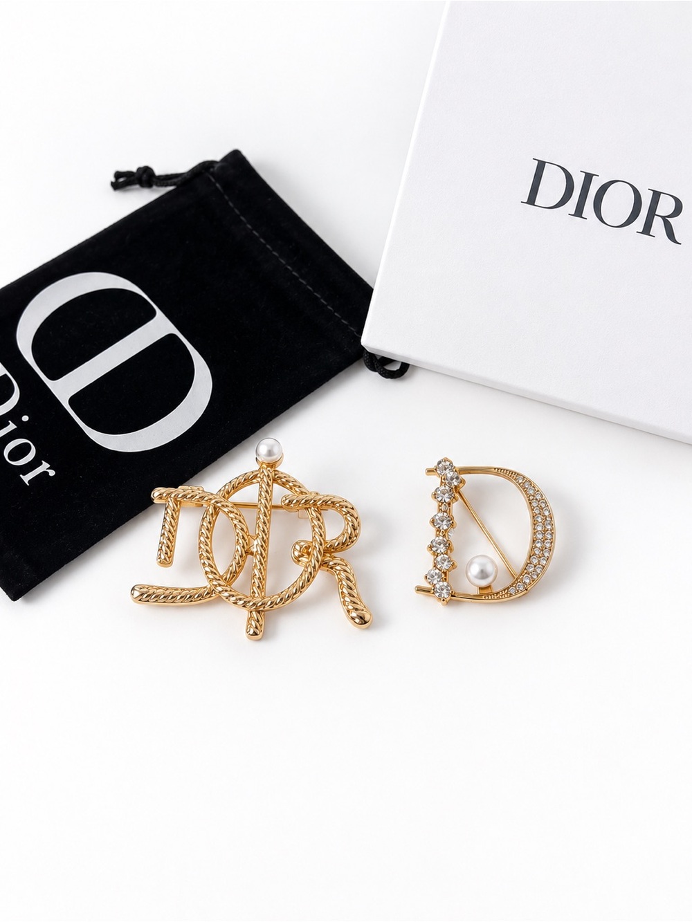 2 Piece Dior Gold Pearl & Crystal Logo Brooch Set